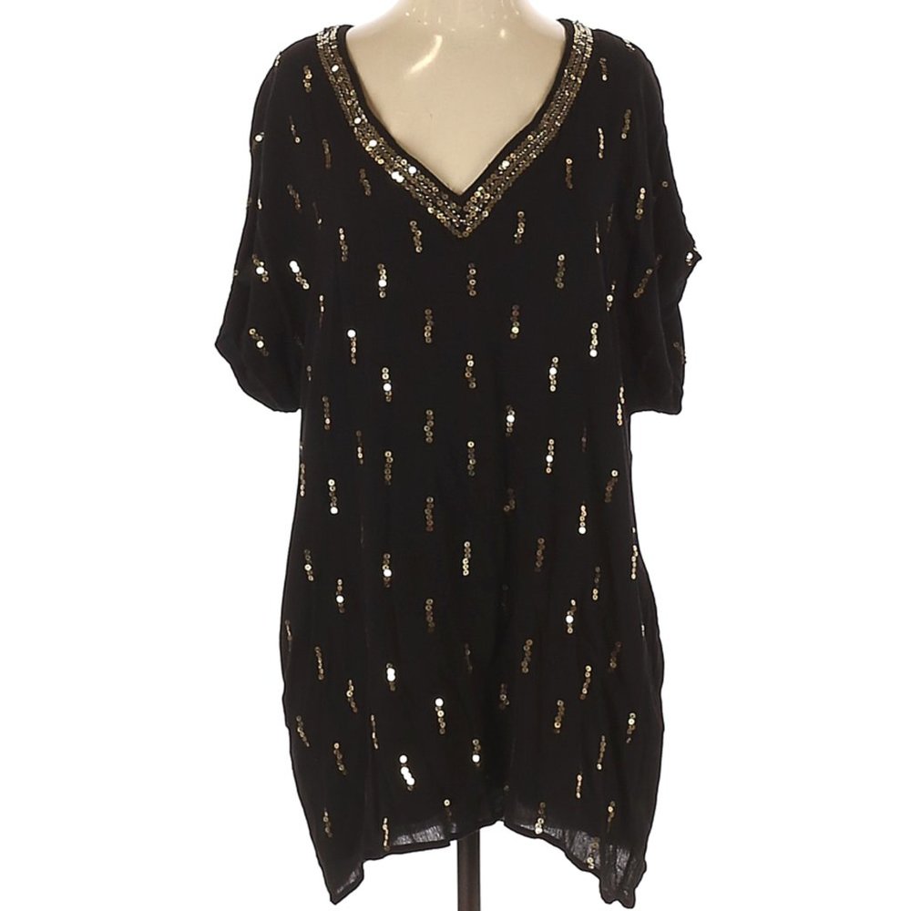 By Together TUNIC DRESS w Gold Sequins 2 layer Sheer POCKETS V-neck Boho Sz SM